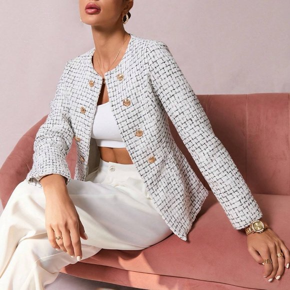 . Jackets & Blazers - White Preppy Womens Plaid Pattern Double Breasted Tweed Overcoat